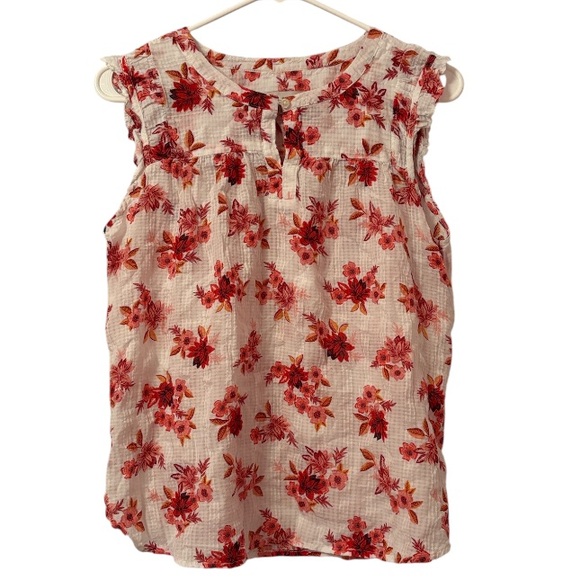 LOFT Red & White Floral Print Button Keyhole Tank Top - Picture 1 of 12